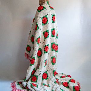 Vintage Crochet Rose Blanket 87in x 99in / Extra l